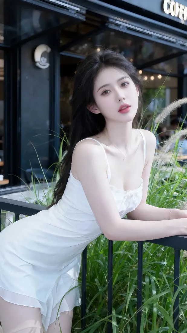 白衣美女手机壁纸｜咖啡店绿植背景 - 性感优雅「哲风壁纸」