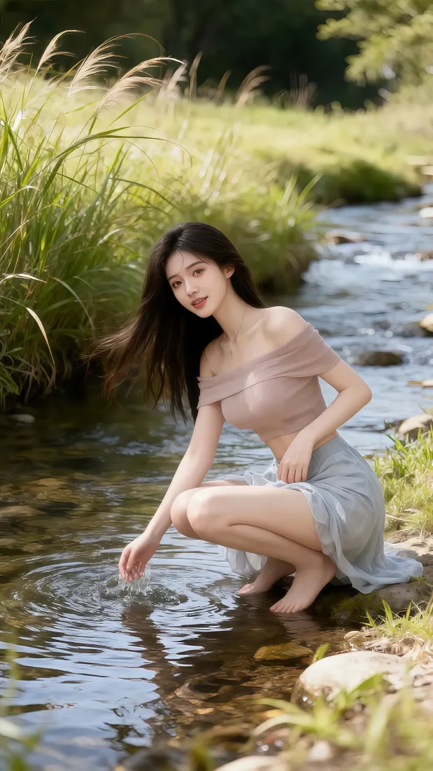 溪边美女手机壁纸｜自然风景背景图片 - 玩水清新「哲风壁纸」