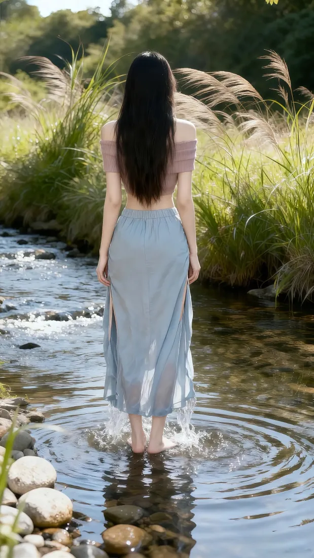 长发美女手机壁纸｜小溪背景图片 - 性感涉水「哲风壁纸」