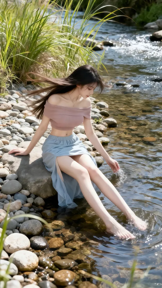 溪边美女手机壁纸｜溪流背景图片 - 清凉夏日户外「哲风壁纸」
