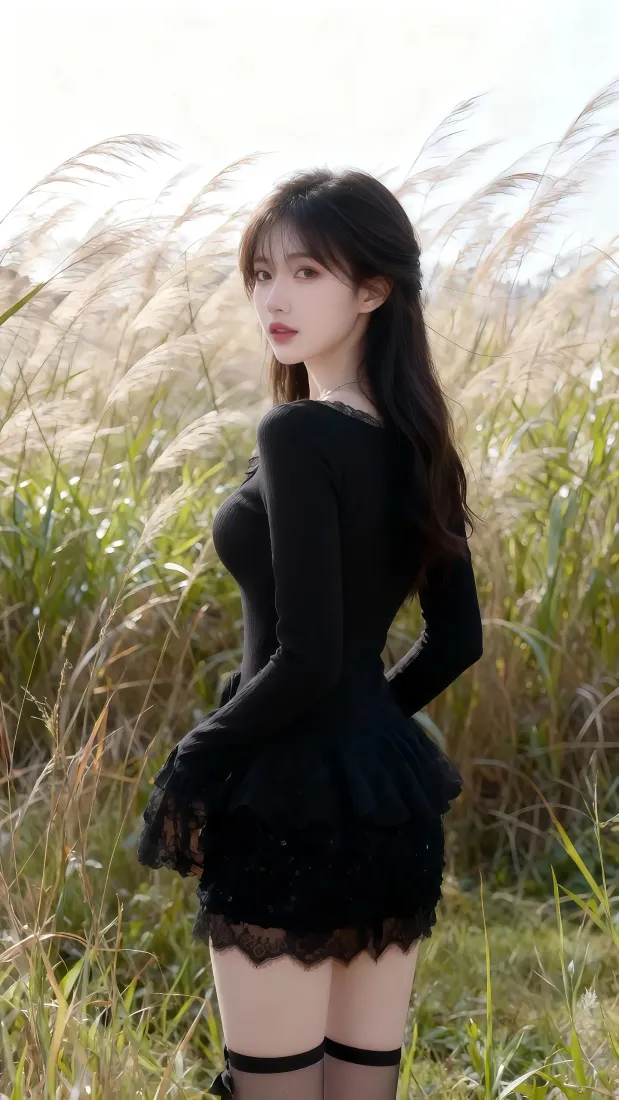 黑衣美女手机壁纸｜草地芦苇背景 - 性感黑丝「哲风壁纸」