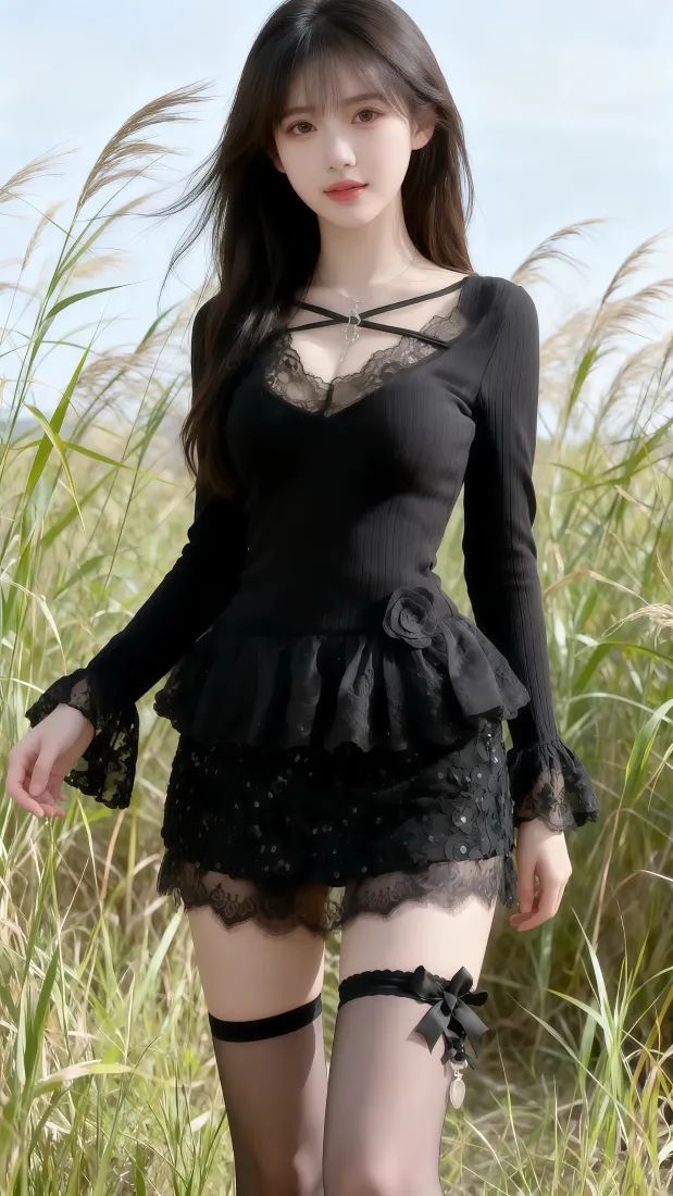 黑衣蕾丝美女黑丝手机壁纸｜草地芦苇背景 - 性感迷人「哲风壁纸」