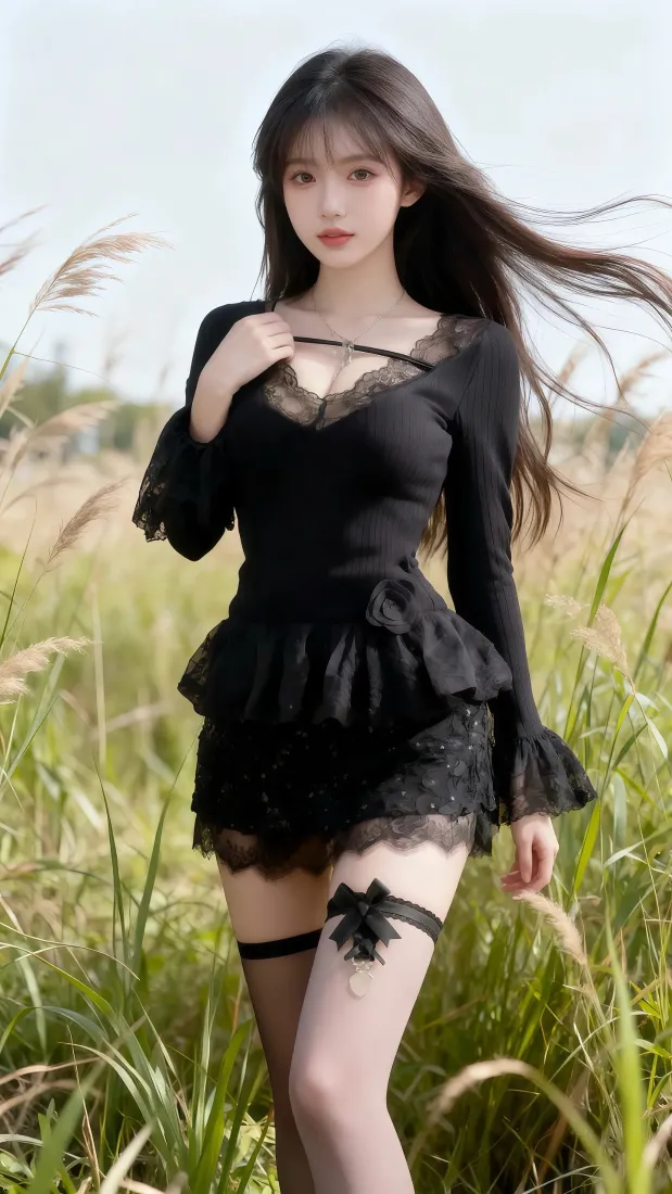 黑衣美女手机壁纸｜草丛背景图片 - 性感「哲风壁纸」