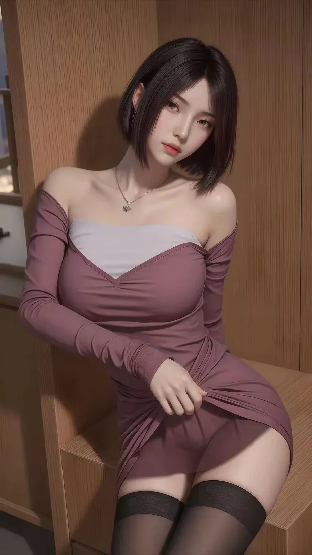 短发美女手机壁纸｜木质背景图片 - 紫色露肩裙「哲风壁纸」