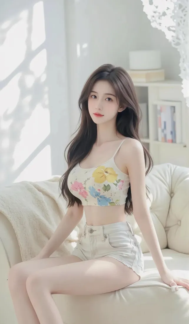 美女手机壁纸｜室内沙发背景图 - 花色吊带性感坐姿「哲风壁纸」