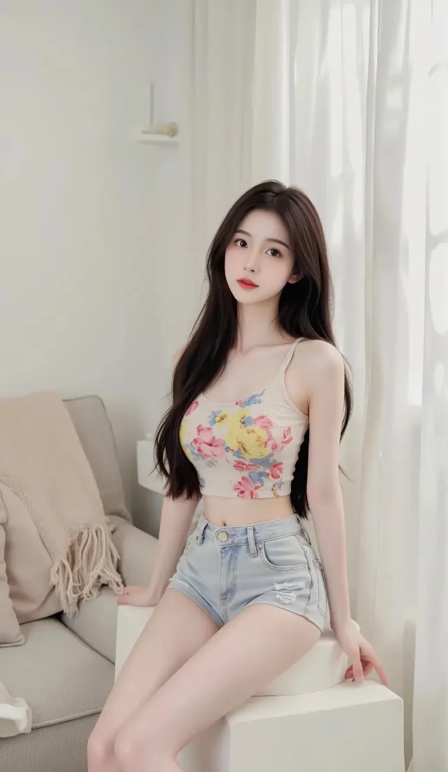 美女手机壁纸｜室内背景图 - 花色吊带牛仔短裤「哲风壁纸」