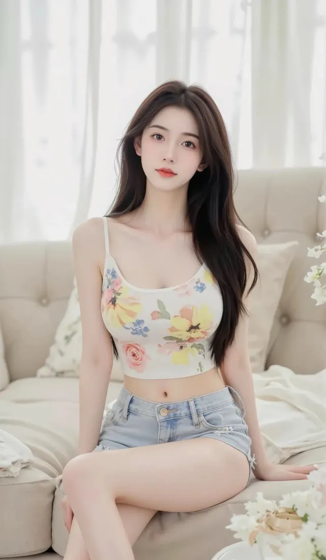 美女手机壁纸｜花色吊带背景图 - 牛仔短裤性感「哲风壁纸」