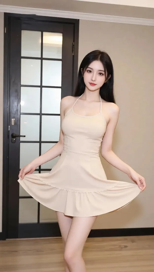 美女手机壁纸｜室内背景图片 - 米色吊带裙「哲风壁纸」