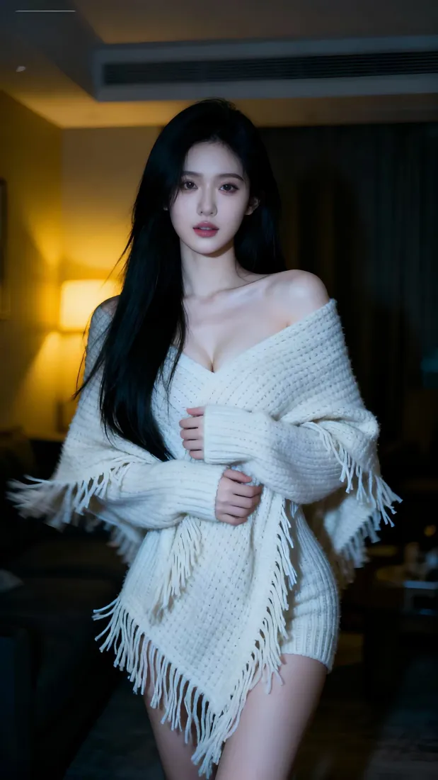 美女手机壁纸｜室内背景图片 - 性感流苏毛衣「哲风壁纸」