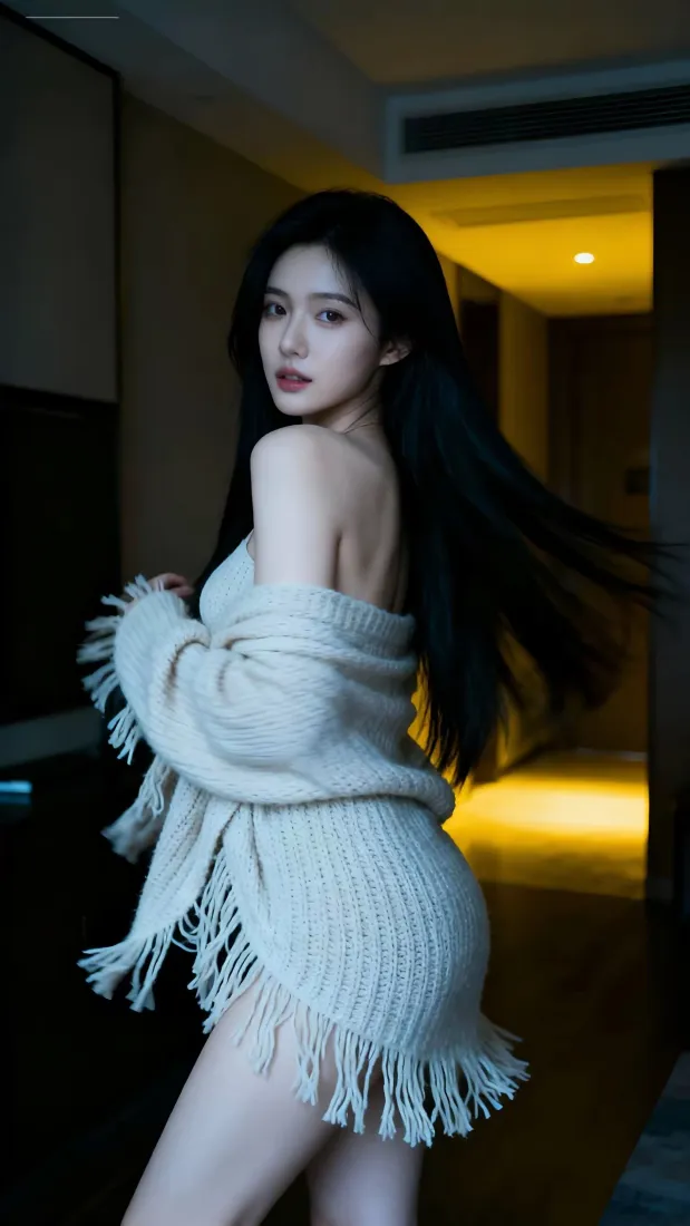 美女手机壁纸｜昏暗背景图片 - 性感露肩流苏毛衣「哲风壁纸」