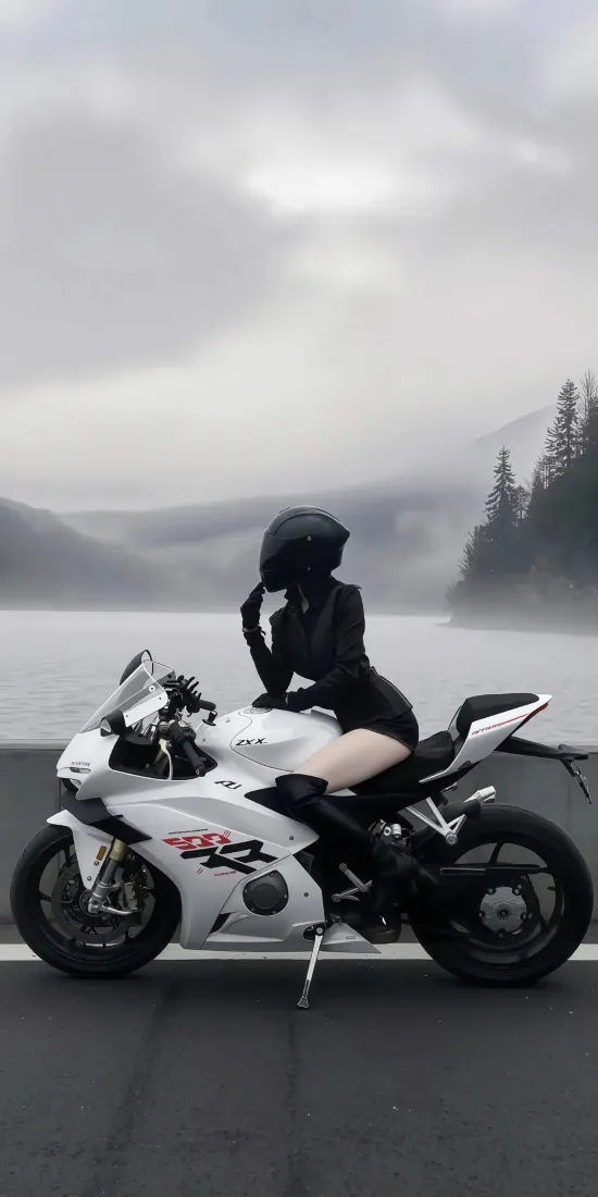 黑衣美女骑摩托手机壁纸｜湖泊森林背景 - 骑行风景「哲风壁纸」