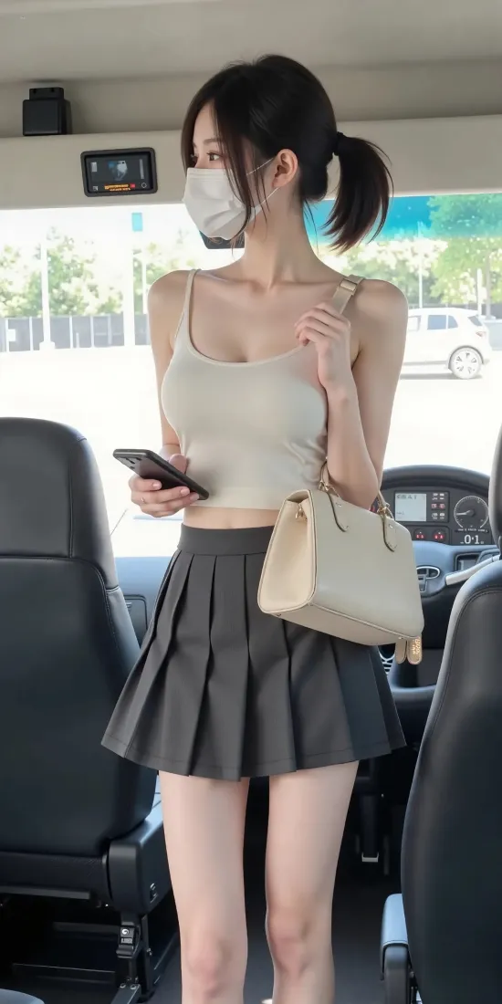 口罩美女手机壁纸｜车内背景图片 - 百褶裙穿搭「哲风壁纸」