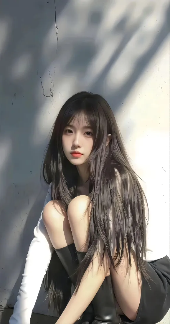长发美女手机壁纸｜光影墙面背景图片 - 黑裙白上衣「哲风壁纸」