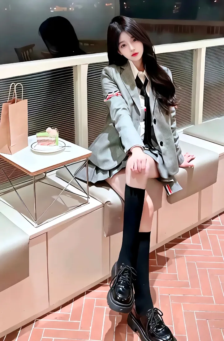 美女灰色外套穿搭手机壁纸｜室内休息区背景图片 - 蛋糕购物袋「哲风壁纸」