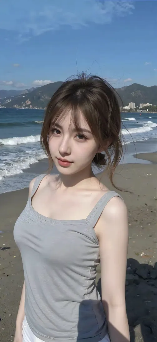 海边美女手机壁纸｜海景背景图片 - 灰色背心穿搭「哲风壁纸」