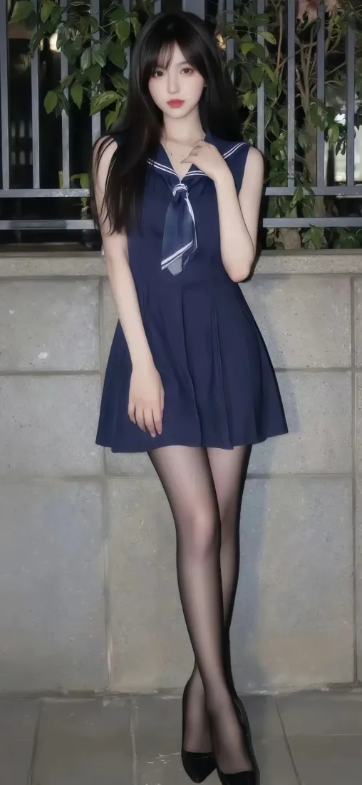 蓝衣美女手机壁纸｜夜景背景图片 - 黑丝高跟鞋「哲风壁纸」