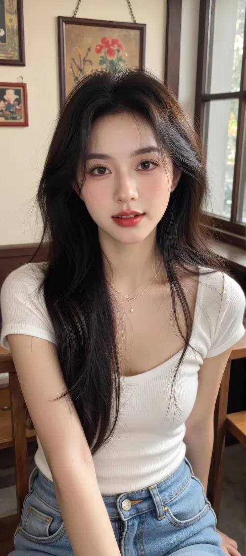 白衣美女手机壁纸｜室内背景图 - 红唇牛仔裤「哲风壁纸」