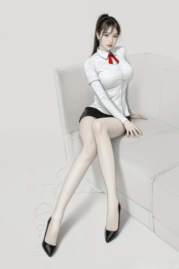 职场美女手机壁纸｜白沙发背景 - 长腿职业装美女「哲风壁纸」