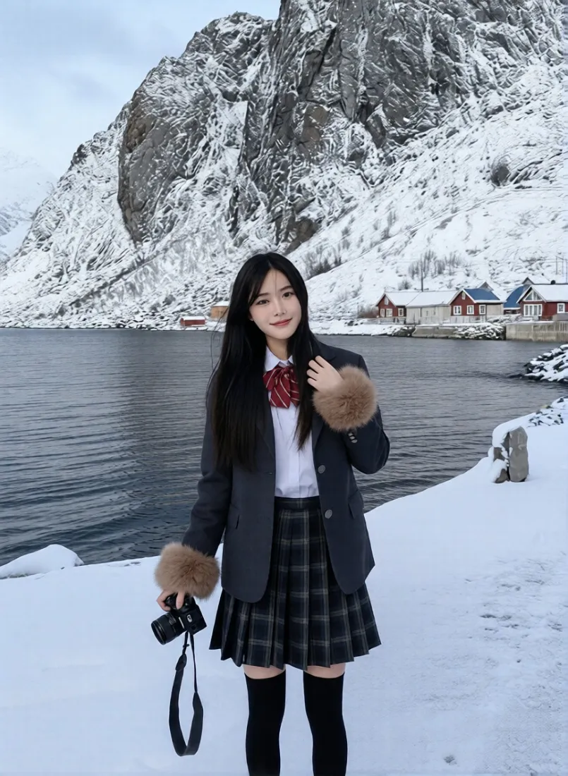 JK制服美女手机壁纸｜雪山湖泊背景图片 - 冬季雪景「哲风壁纸」