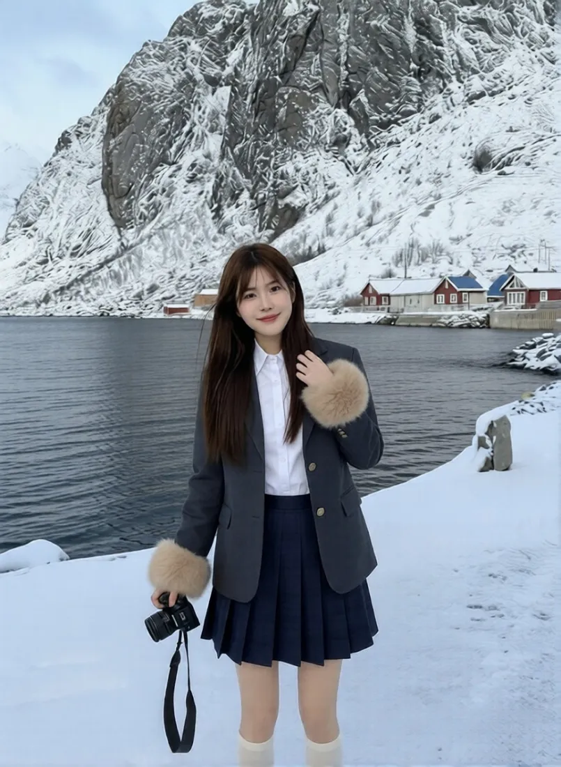 雪景美女手机壁纸｜雪山湖泊背景 - 清新冬日旅行「哲风壁纸」