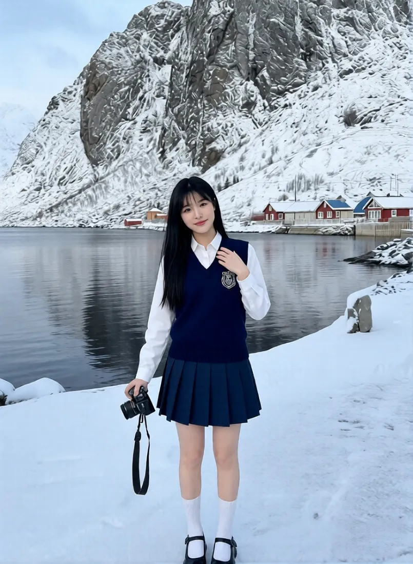 JK制服少女手机壁纸｜雪山湖泊 - 冬日雪景「哲风壁纸」