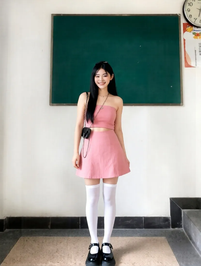 少女白丝手机壁纸｜教室背景图 - 粉色裙穿搭「哲风壁纸」