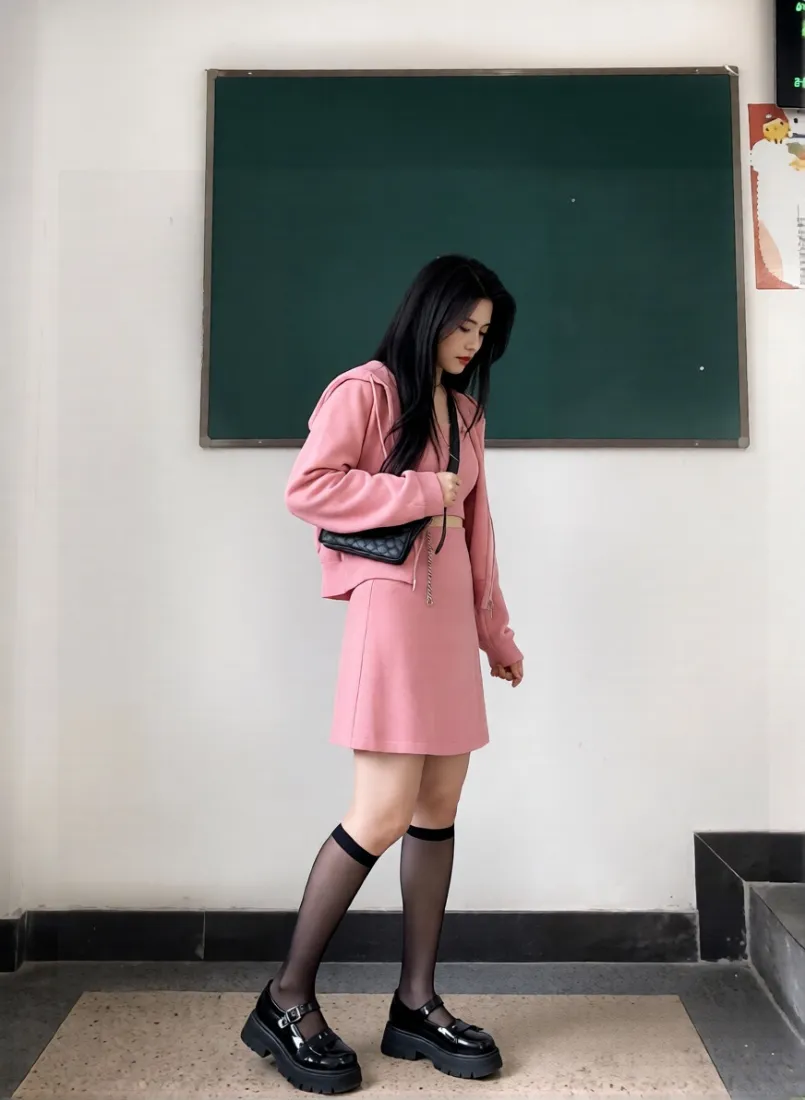 粉色套装女生手机壁纸｜教室背景图 - 黑丝穿搭「哲风壁纸」