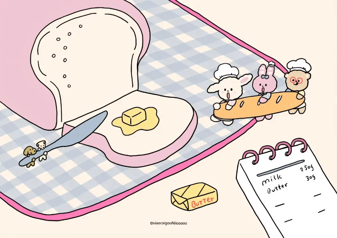2k卡通面包壁纸｜格子餐垫背景图 - 可爱黄油烘焙「哲风壁纸」