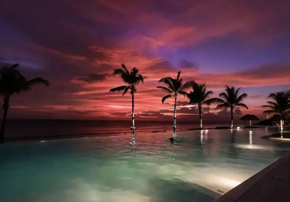 2k晚霞游泳池椰子树壁纸｜热带海滨背景图片 - 黄昏夜景「哲风壁纸」