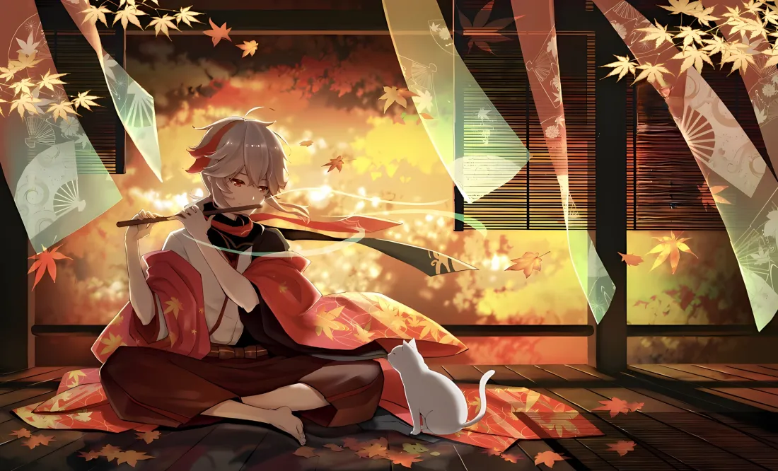 2k枫原万叶壁纸｜原神背景图 - 枫叶白猫和服「哲风壁纸」