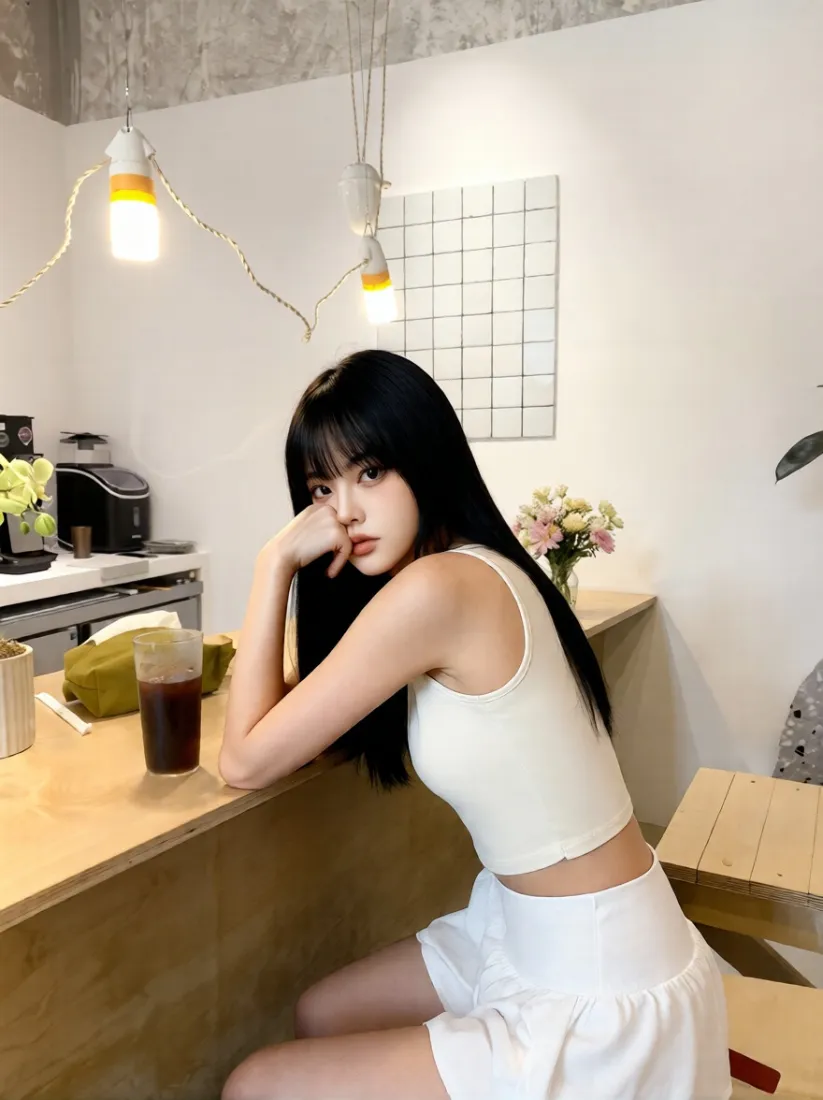 黑长直女生手机壁纸｜咖啡店背景图片 - 白色穿搭「哲风壁纸」