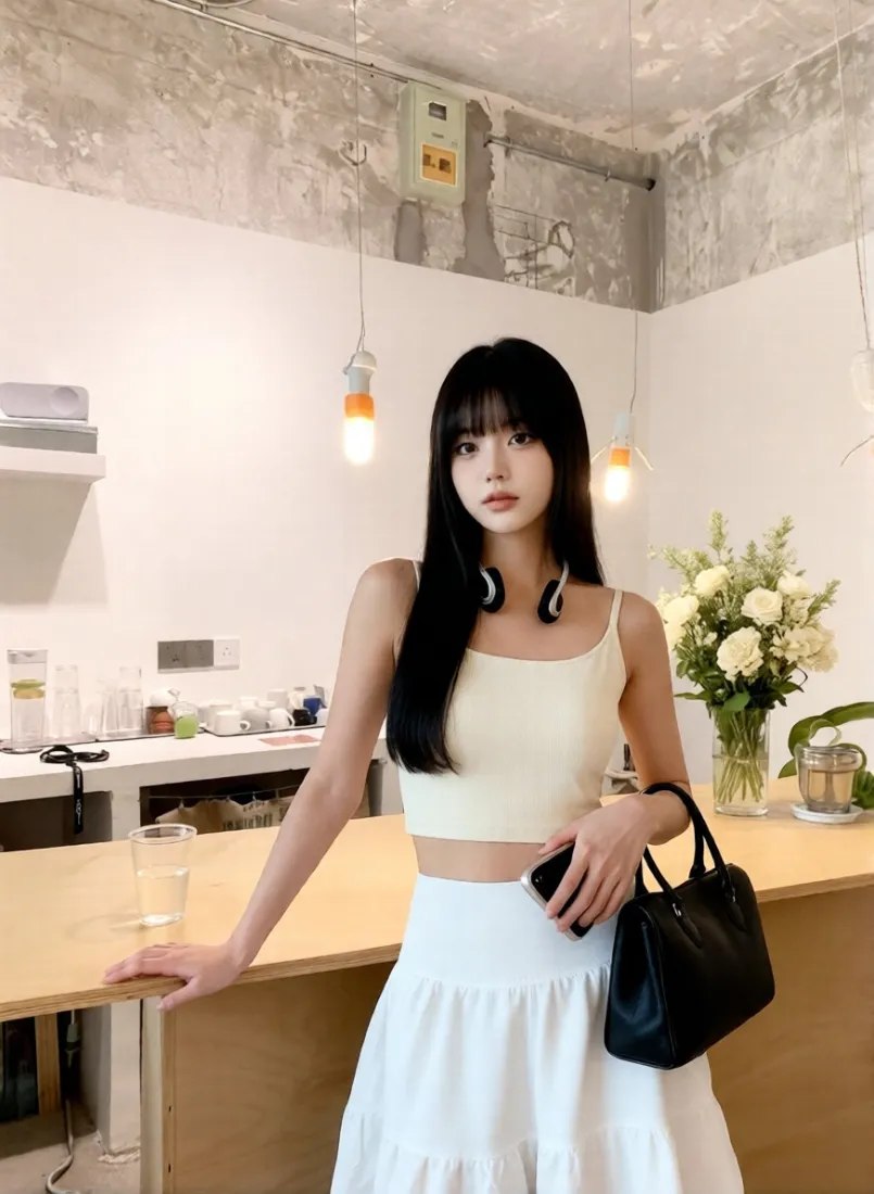 厨房美女手机壁纸｜室内背景图片 - 白色裙装耳机「哲风壁纸」