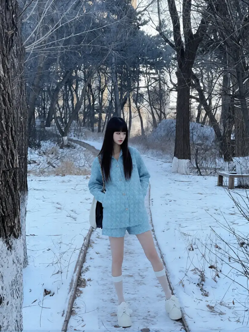 女孩白丝雪地手机壁纸｜冬季树林背景图片 - 铁轨「哲风壁纸」