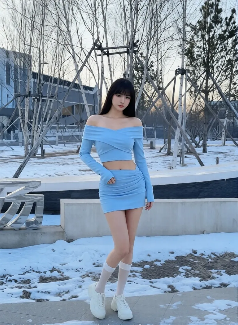 美女手机壁纸｜雪景背景图片 - 蓝色短裙性感穿搭「哲风壁纸」