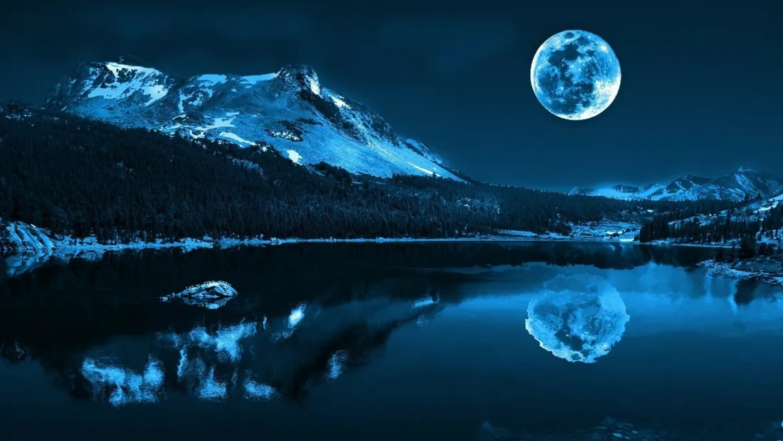 2k雪山月夜壁纸｜湖泊风景图片 - 蓝调自然「哲风壁纸」