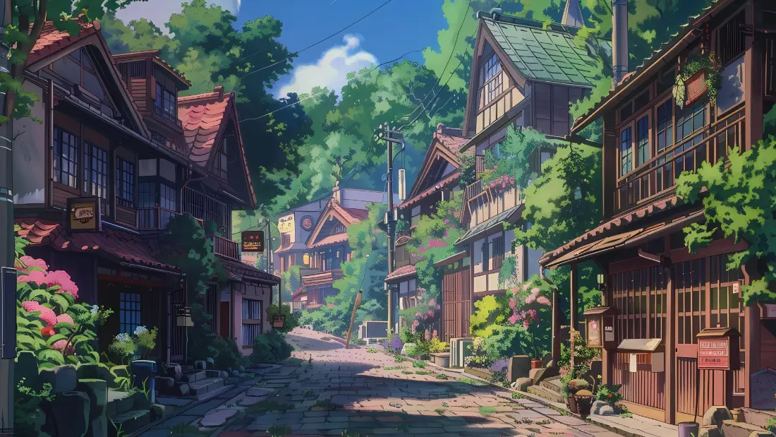2k日式街道壁纸｜自然风景背景 - 绿植房屋小巷蓝天「哲风壁纸」