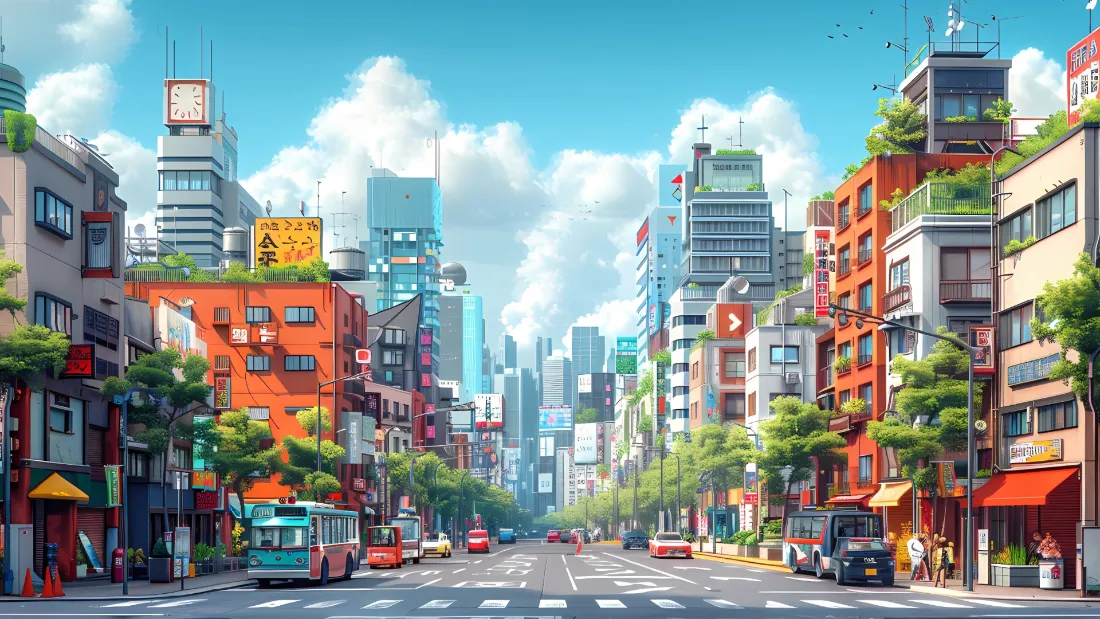 2k城市街景红温壁纸｜风景背景图片 - 建筑车辆绿植「哲风壁纸」