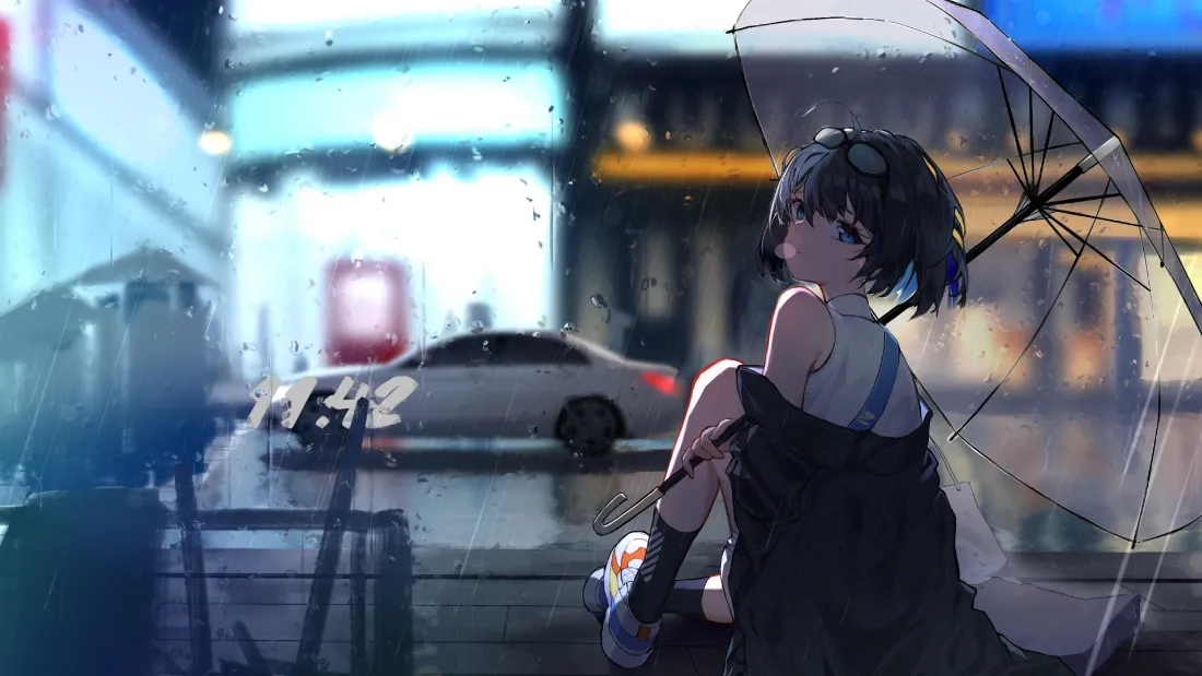 2k动漫少女壁纸｜雨夜城市背景 - 撑伞少女「哲风壁纸」