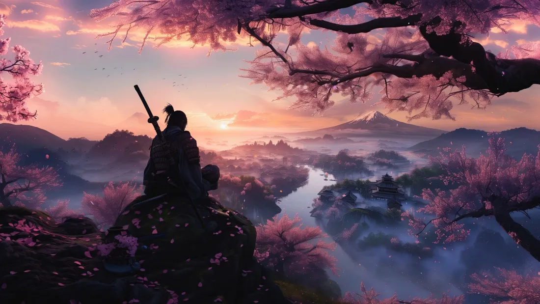 2k武士风景壁纸｜樱花山水背景图 - 红温黄昏「哲风壁纸」