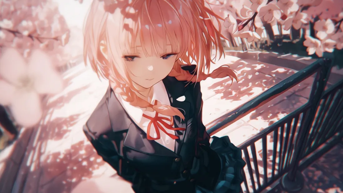 2k粉色头发少女壁纸｜樱花背景 - 黑色制服红领结「哲风壁纸」