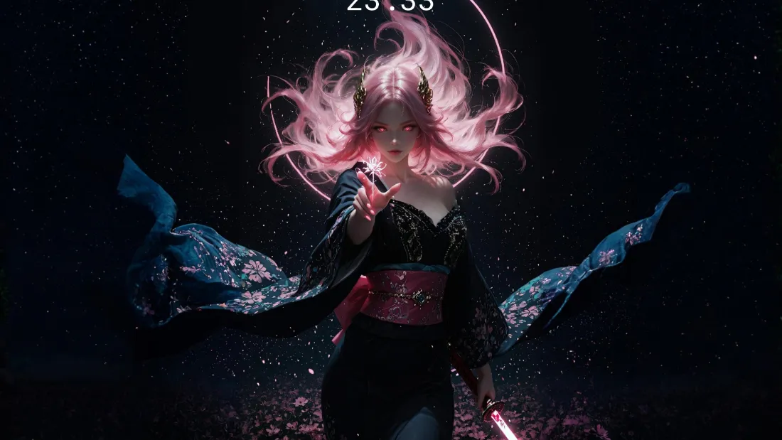 2k动漫人物壁纸｜星空背景图 - 粉色头发红腰带23:59「哲风壁纸」