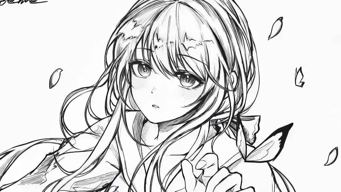 2k动漫少女线稿｜黑白背景图片 - 手绘插画「哲风壁纸」