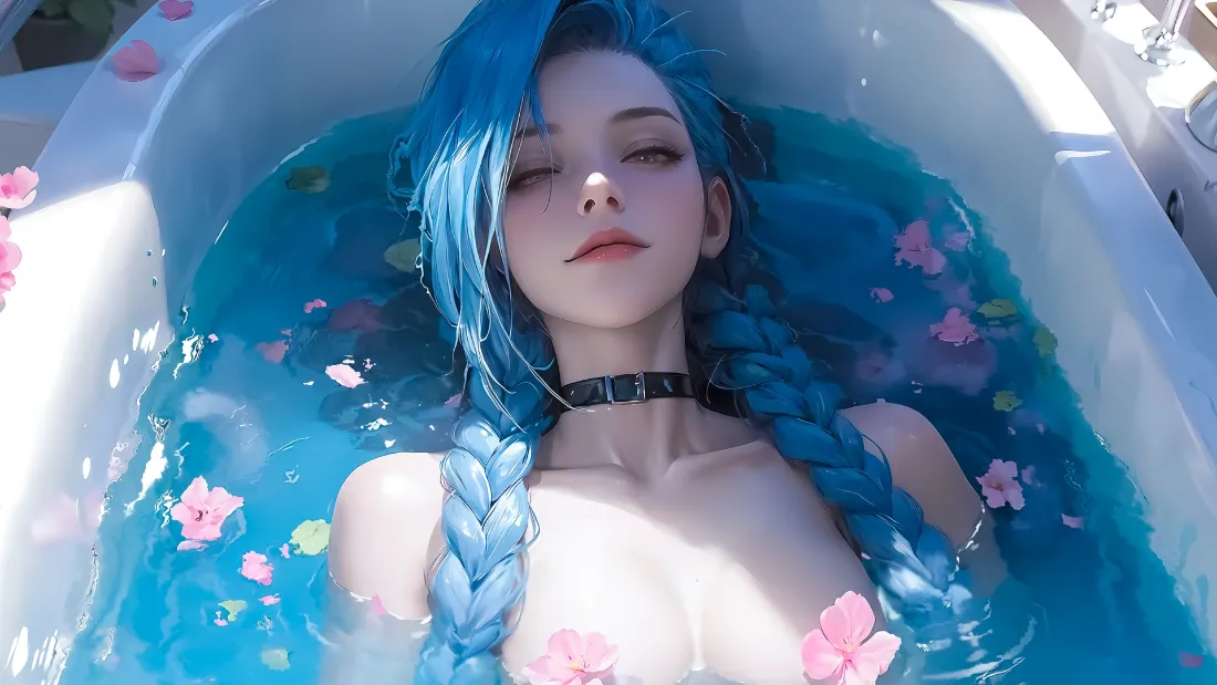 2k金克丝壁纸｜浴缸花瓣背景图片 - 蓝色双马尾「哲风壁纸」