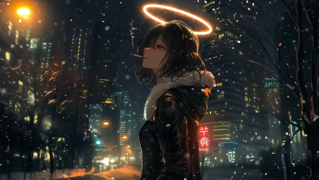 2k动漫女孩壁纸｜城市雪景背景图片 - 红温「哲风壁纸」