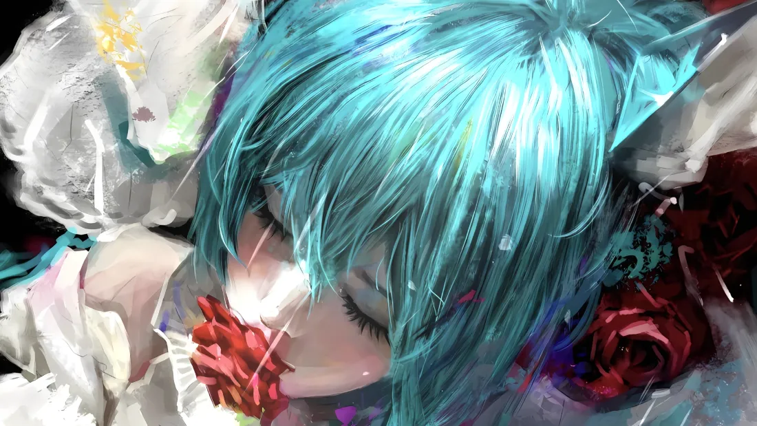 2k初音未来壁纸｜蓝发背景图片 - 红色花朵「哲风壁纸」