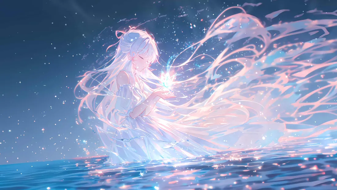 2k动漫少女壁纸｜星空水面背景图片 - 梦幻光效「哲风壁纸」