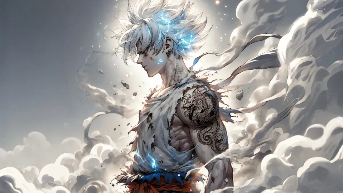 2k悟空壁纸｜云雾背景图 - 蓝发纹身战斗悟空「哲风壁纸」