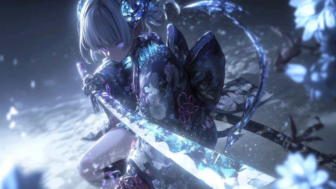 2k银发少女壁纸｜蓝色特效背景图片 - 剑「哲风壁纸」