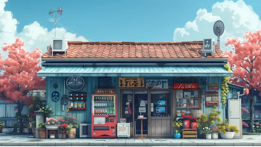 2k日式小店壁纸｜街道背景图片 - 樱花晴空街景「哲风壁纸」