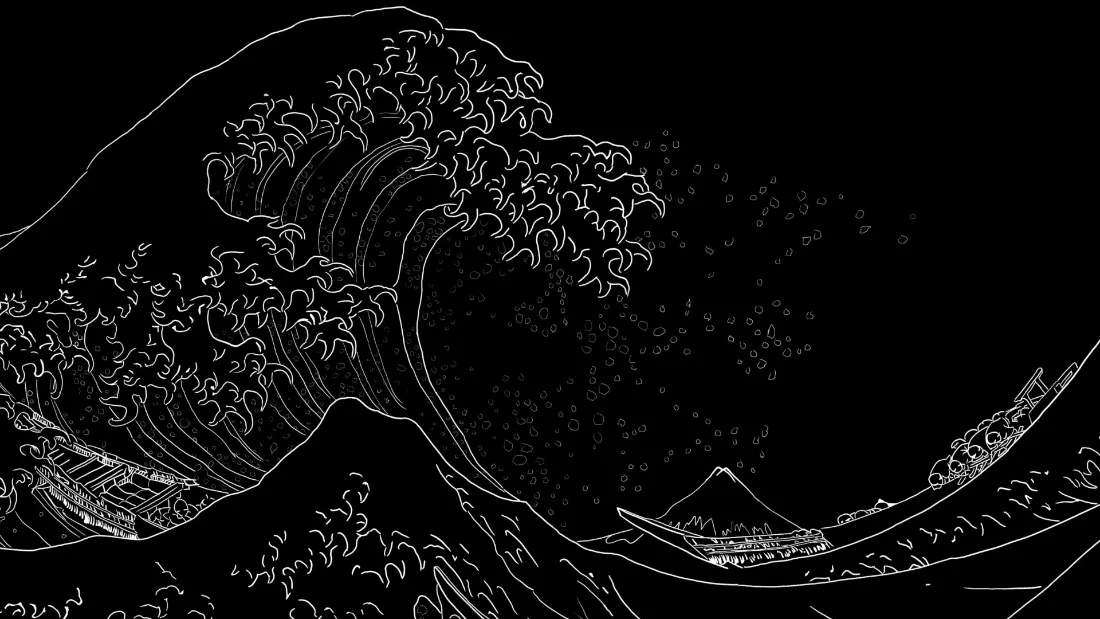 2k海浪线描壁纸｜浮世绘背景图片 - 神奈川冲浪里「哲风壁纸」